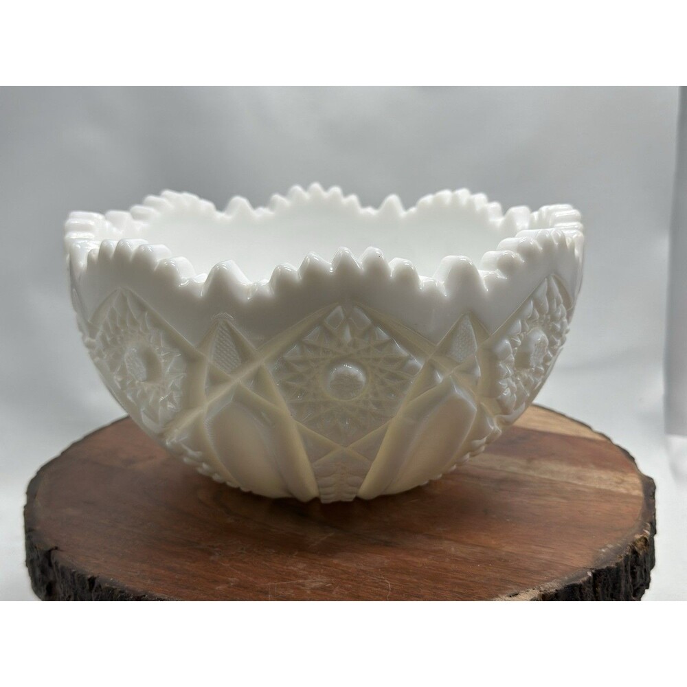 Milk Glass Hobstar Crimp Edge Pressed Quilt Pattern Serving Bowl